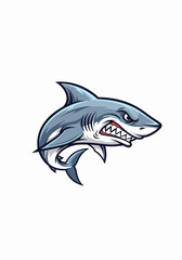 Fototapeta premium Cartoon shark showing teeth on plain backdrop for logo creation. Cartoon shark in aggressive posture, open mouth reveals sharp teeth and menacing expression.