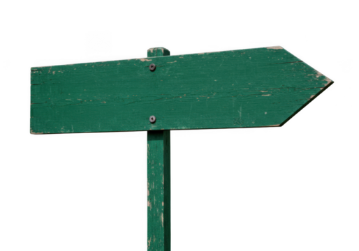Green wooden directional signpost pointing to the right isolated on transparent background