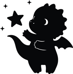 Little Adorable Dragon Playing with Stars in a Magical and Whimsical Fantasy World, Cute Baby Dragon Character with Sparkles on a White Background.