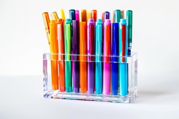 Fototapeta premium A clear plastic container holds a collection of colorful pens, arranged closely together on a white surface.