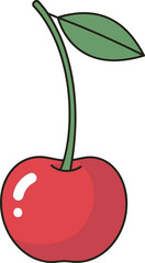 Cartoon Cherry with Stem and Leaf Illustration