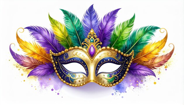 Elegant golden masquerade mask adorned with vibrant purple, green, and yellow feathers. A festive watercolor illustration for a carnival celebration.