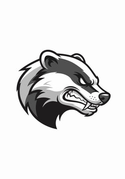 Mascot illustration with an angry badger head in black and white, ideal for logos. Mascot illustration concept showcases badger's fierce expression and distinctive markings,
