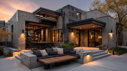 Detailed shot of contemporary home décor in an urban loft, highlighting wood finishes, metal accents, and soft lighting in a harmonious blend.