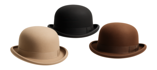 A collection of three bowler hats in beige, black, and brown shades, showcasing classic style and elegance on transparent background.