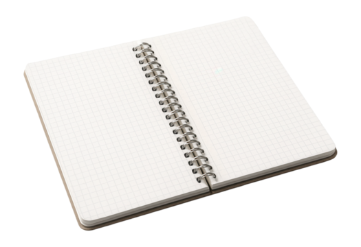 Open spiral-bound notebook with square grid pages designed for notes or sketches on transparent background.