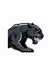 Fototapeta premium Black panther mascot illustration on white background, featuring wild animal emblem and design. Black panther mascot represents power and sports team identity. Powerful mascot emblem for team logo.