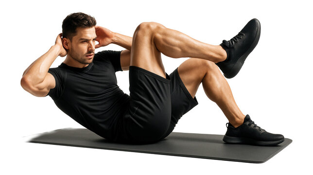 Fit man performing bicycle crunch exercise on a fitness mat wearing black athletic clothes and sneakers on transparent background. - Powered by Adobe
