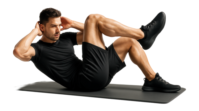 Fit man performing bicycle crunch exercise on a fitness mat wearing black athletic clothes and sneakers on transparent background.