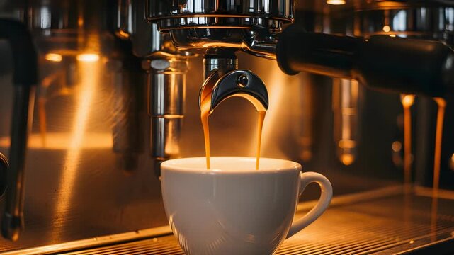 Espresso Pouring Into White Cup From Shiny Metal Machine With Bright Blurred Lights