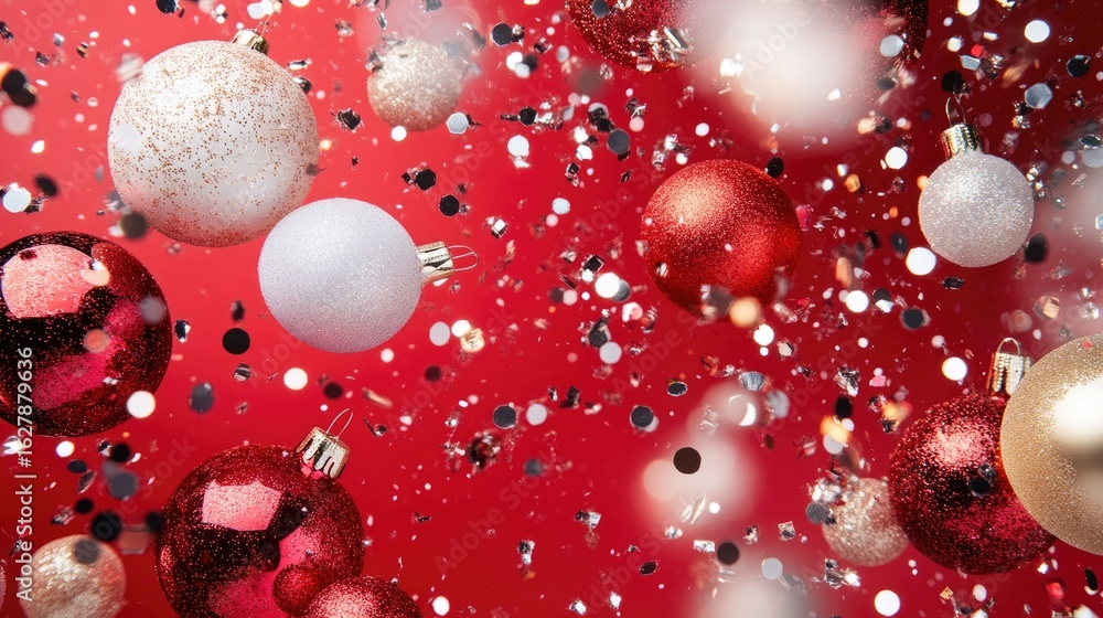 Poster shiny ornaments floating against vibrant red background create f