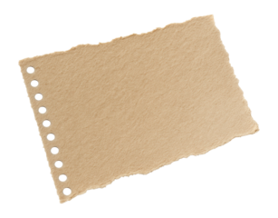 A piece of brown ripped notebook paper with holes along one edge, showing a textured surface on transparent background.
