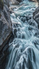 A flowing river cascading down rocks with a long exposure creating a smooth water effect in nature
