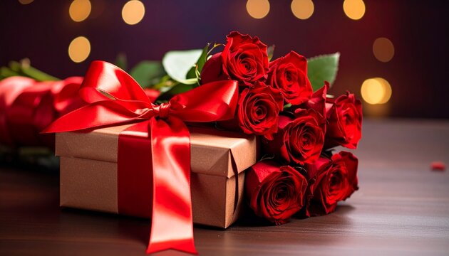 Romantic surprise with a beautiful bouquet of red roses and a wrapped gift box for a special celebration