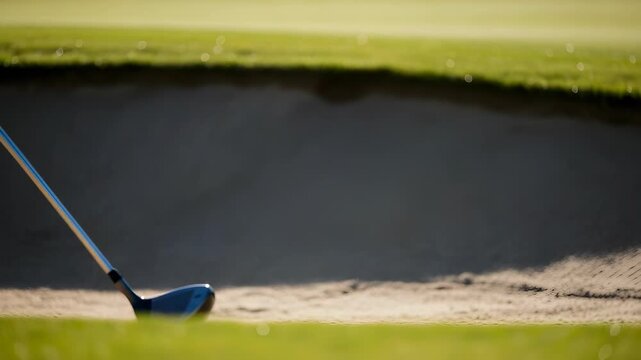 Golf Club Hitting Golf Ball Out of Sand Trap on Green Golf Course in Sunlight
