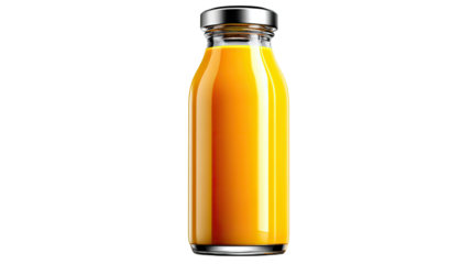 Orange Delight: A sleek, transparent bottle is filled with vibrant, freshly squeezed orange juice, topped with a metallic cap, a refreshing visual treat.