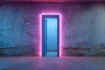 Obraz premium Neon-lit doorway in a gritty, concrete room
