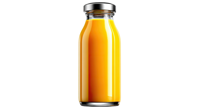 Orange Delight: A sleek, transparent bottle is filled with vibrant, freshly squeezed orange juice, topped with a metallic cap, a refreshing visual treat.