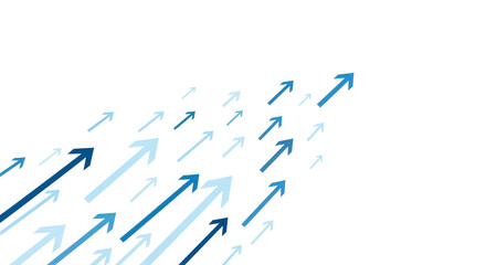 Array of blue arrows pointing upwards and to the right on a transparent background representing collective progress and rising trends