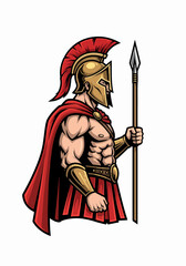 Powerful Spartan warrior mascot illustration. Strong male figure in golden helmet and red cape holds a spear. This strong spartan illustration is perfect for sports teams, logos, and branding.