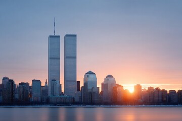 Skyline features iconic Twin Towers at sunrise, symbolizing resi