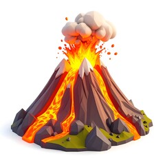 3d cartoon erupting volcano with bright lava flow and smoke cloud rising, stylized but semi-realistic, centered on white background, logo-style appearance