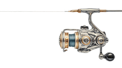 Obraz premium A minimal display of fishing reel, white background --ar 16:9