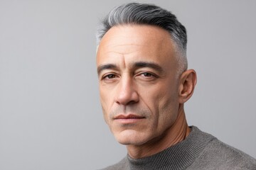 Fototapeta premium Confident man with silver hair, wearing sweater, gazing thoughtf