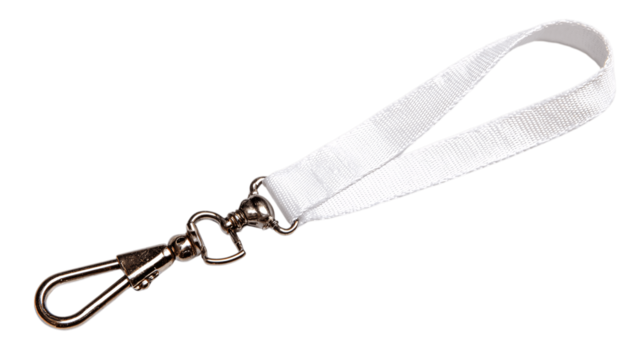 A single lanyard clip, white background --ar 16:9