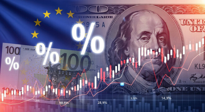 Global financial market concept with Euro and Dollar banknotes overlaid with ascending graphs and percentage symbols on an EU flag background