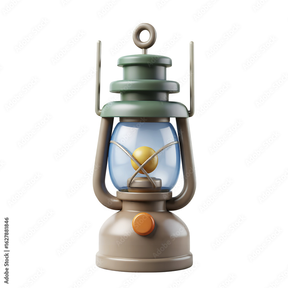 Poster a cartoonish lantern with a green top and beige base on a black background with a light bulb inside 