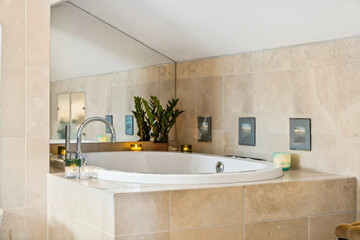 Modern bathroom interior in minimal scandinavian style, 3d render