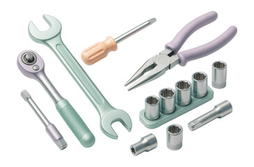 Fototapeta premium Set of various tools including pliers, screwdriver, wrench, ratchet, and socket heads in pastel colors on transparent background.