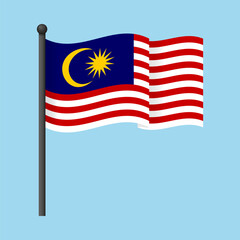 Malaysia flag waving on a flagpole against a soft blue backdrop. Vector illustration of the Malaysian flag for educational content, cultural presentations, travel blogs, and patriotic campaigns