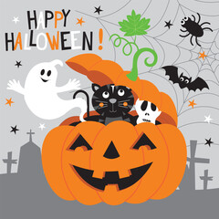 Happy Halloween! Pumpkin with Ghost, Cat, and Skull.