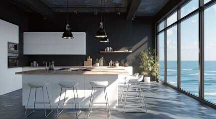 Modern kitchen with ocean view