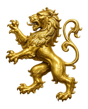 Intricately detailed gold lion sculpture in a heraldic pose with flowing mane and raised paw on transparent background.