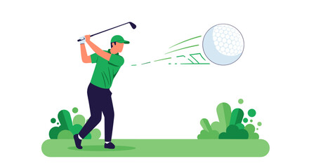 An illustration depicts a golfer in green attire swinging a club to hit a golf ball with motion lines, set against a white backdrop with minimalist green foliage.