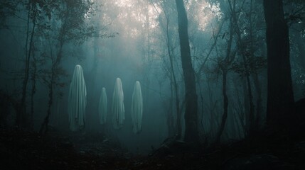 Mysterious glowing figures in a dark misty forest with sunbeams