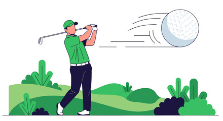A golfer in a green shirt swings his club to hit a golf ball, set against a stylized green course with bushes, capturing the essence of the sport.