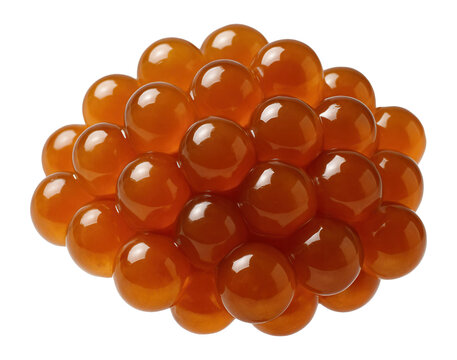 Cluster of shiny, orange-red salmon roe eggs arranged closely together on transparent background.