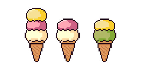 Pixel Art Triple Ice Cream Cone Set, 8-Bit Dessert Graphic, Retro Video Game Style Frozen Treats, Cute Digital Ice Cream Cones, Colorful Pixel Sweet Icons, Pixel art.