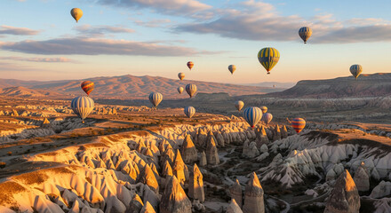 Hot air balloons flying over rocky valleys and fairy chimneys of Cappadocia, Turkey during sunrise, scenic aerial landscape of famous travel and adventure destination