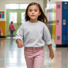 Kids casual pullover mockup. Elementary school girl wearing basic sweatshirt, pink jeans, walking in school hall. Beautiful young girl model in blank white long sleeve shirt mockup