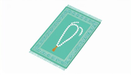 Isometric illustration of a green Islamic prayer mat, or sajadah, with white prayer beads for worship