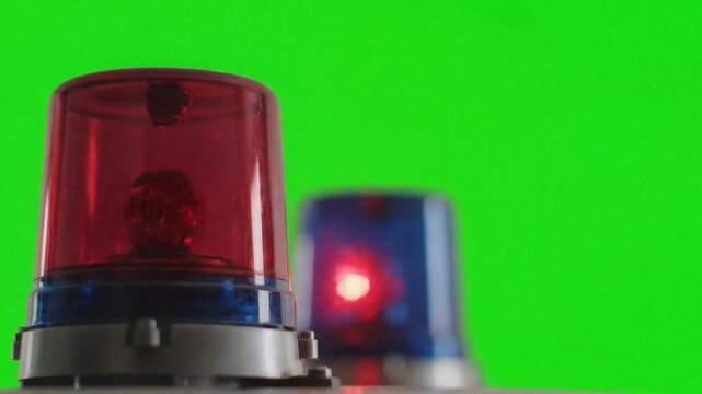 police siren lights, flashing red and blue emergency vehicle beacons isolated for green screen use in crime alert footage law enforcement chase or safety warning scenes

