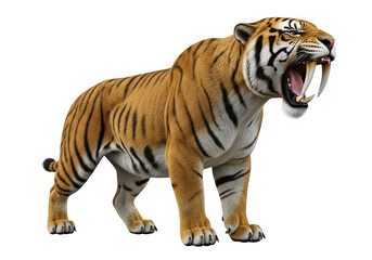 A ferocious sabertoothed tiger with its mouth open, showing sharp teeth, isolated on a transparent background