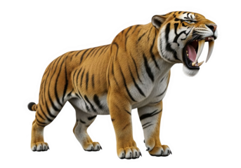 A ferocious sabertoothed tiger with its mouth open, showing sharp teeth, isolated on a transparent background