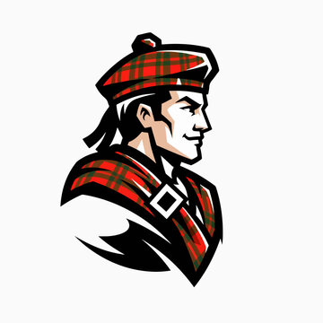 Mascot logo of a handsome scotsman wearing traditional dress for branding identity. Mascot logo is best used for sporting identity and branding projects.