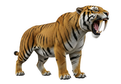 A ferocious sabertoothed tiger with its mouth open, showing sharp teeth, isolated on a transparent background - Powered by Adobe
